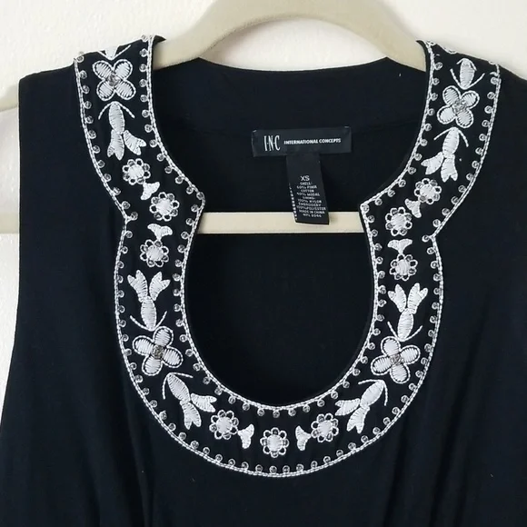 INC embroidered black white dress size Xsmall Pima Cotton/modal EUC - Picture 3 of 6